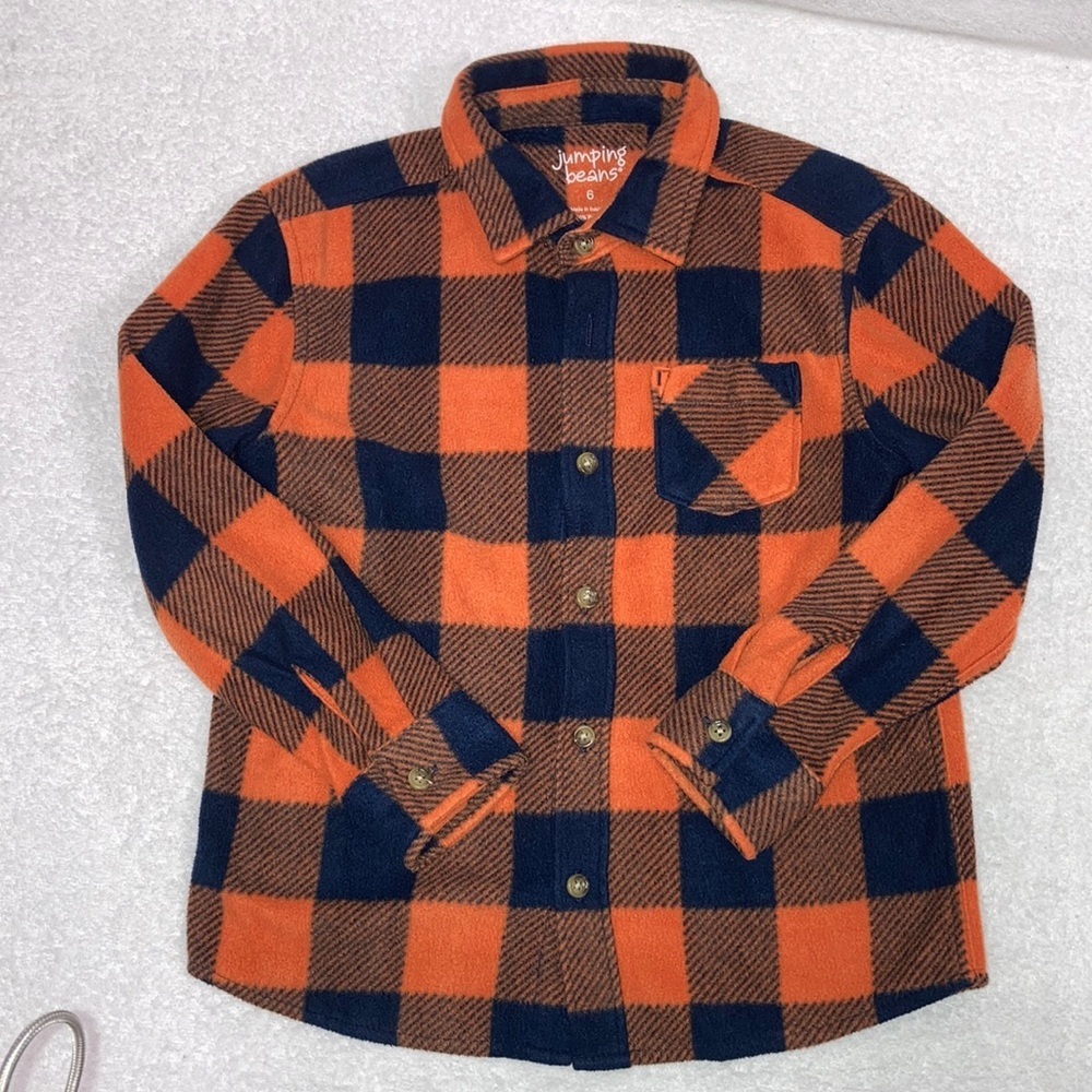 Jumping beans Buffalo check orange navy fleece button down size 6